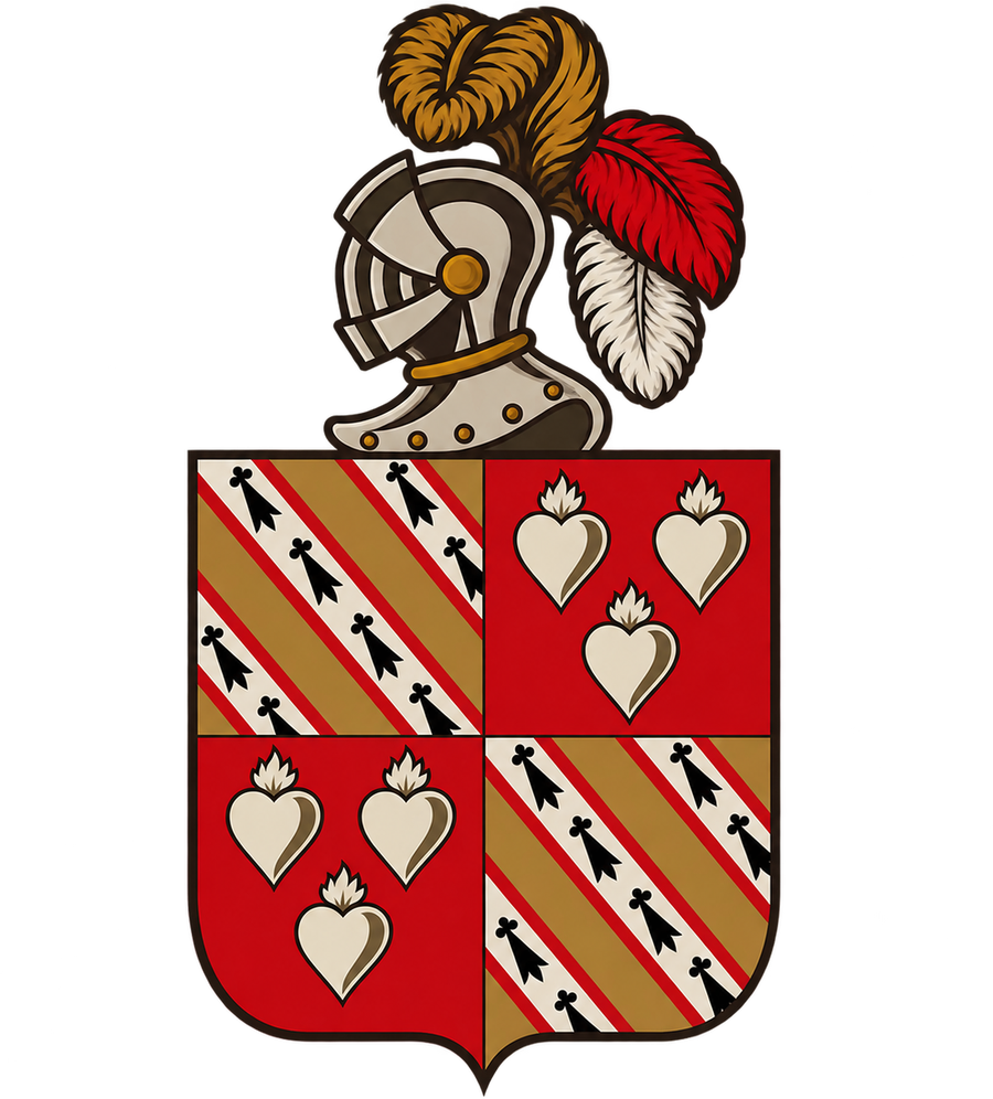 Escudo de Casa Américas: cuartelado, con bandas de armiños sobre oro y tres corazones llameantes sobre gules